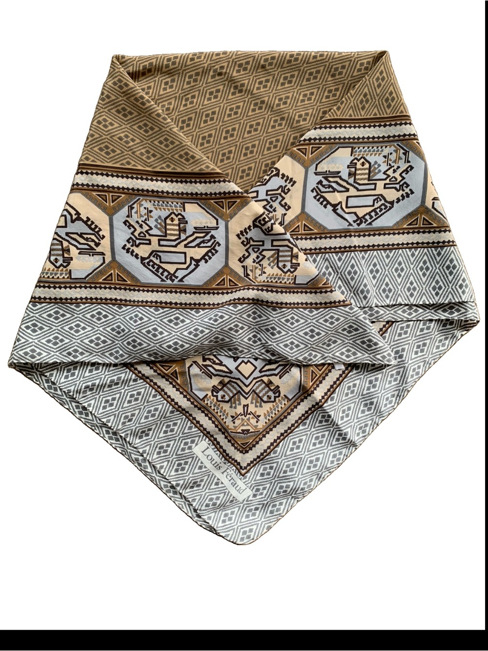 Louis Feraud Square Silk? Scarf Tribal Aztec Brown neutral Decorative 33 inch